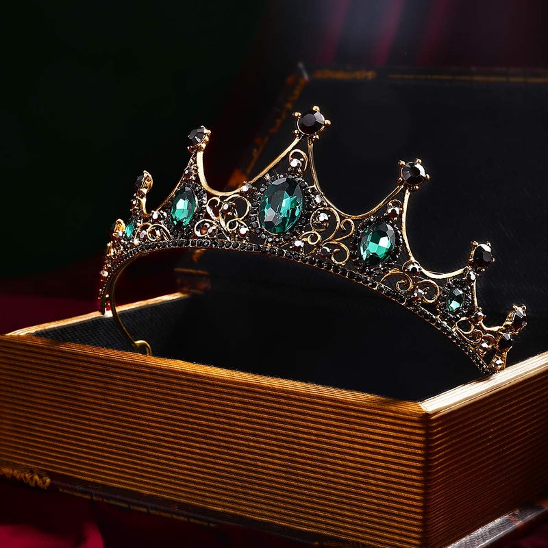 FRCOLOR Baroque Crown Green Rhinestone Crown Vintage Queen Crystal Princess for Women, Birthday Bridal Tiara for Wedding Pageant Prom Halloween (Green) - Image 4
